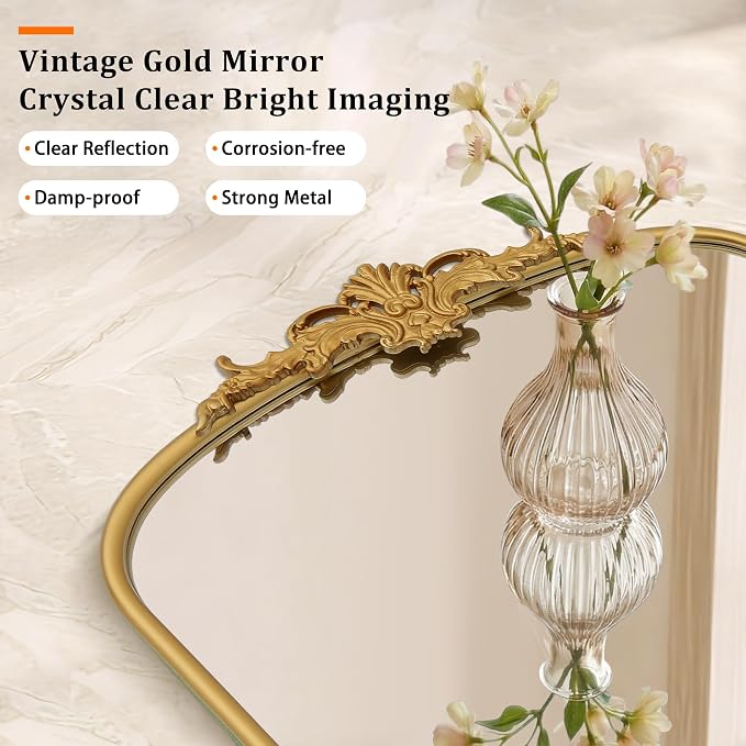 Besdomus Vintage Mirror Full Length: 21"x56" Gold Long Arched Body Mirrors | French Floor Standing Metal Framed - Antique Baroque Traditional Ornate - Ideal for Foyer/Cloakroom/Bedroom/Dressing Room