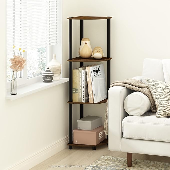 Furinno TURN-N-TUBE Corner Shelf, 4-Tier Corner Bookshelf, Display Storage Shelves with Open Shelves, for Organization and Storage, Living Room, Home Office, Garage, Amber Pine