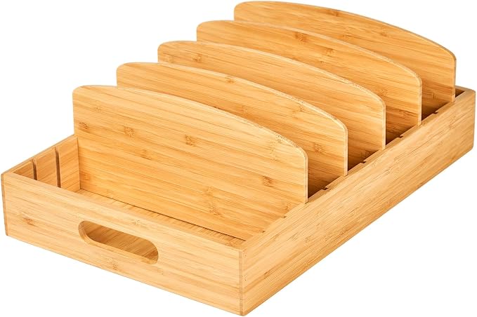 Extra Large Bamboo Food Container Lid Organizer for Kitchen Cabinet | Adjustable Slots - Tall Dividers for Large Lids - Premium Bamboo, Pretty Color - Versatile Caddy in Drawer - Anti-Skid Pads