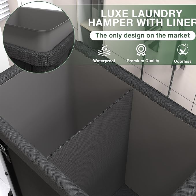 Laundry Basket with Lid,190L Rolling Laundry Hamper with Wheels,Black | Dirty Clothes Hamper with Metal Frame and Removable Bag Design,Suitable for Laundry Room, Bedroom(2 Section)