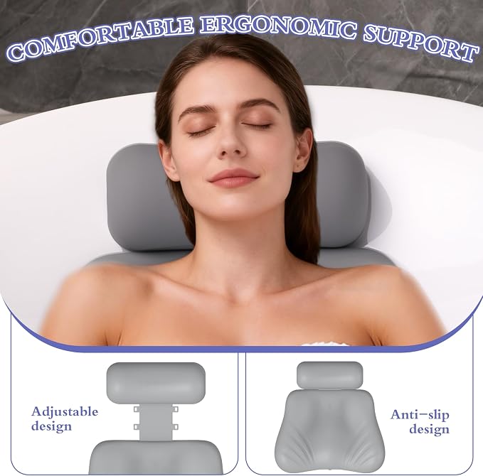 Silicone Bath Pillow, Upgraded Bath Pillows for Tub, Adjustable Height Bathtub Pillow for Head and Neck, 4D Luxury Tub Pillow Skin-Friendly Large Suction Cups Stability, Spa Relaxation-Grey