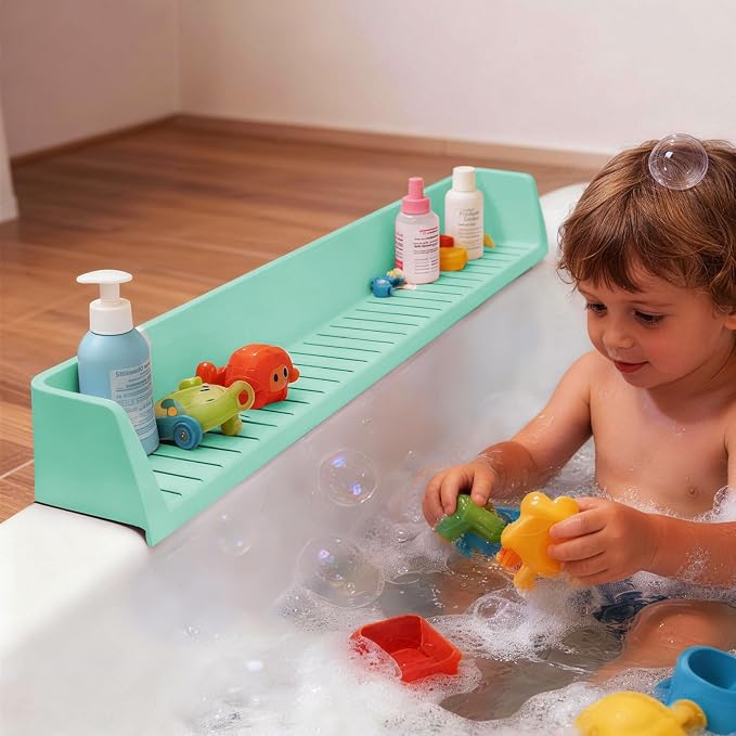Bathtub Splash Guard for Tub Kids- Silicone Bath Play Shelf | 31" Extra Long Toy Tray & Caddy Holder, Prevent Water Spills & Messy Floors, Tub Edge Guard for Bathroom- Light Green