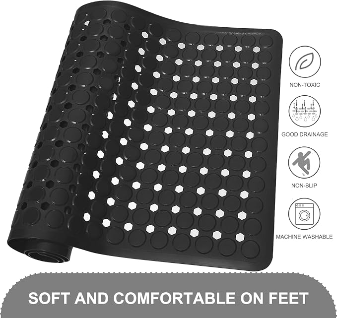 TEESHLY Bath Mat for Tub & Shower, Non Slip Soft Bathmat with Suction Cups & Drain Holes, Machine Washable Bathtub Floor Liner Mats for Bathroom, 35x16 Inch, Black