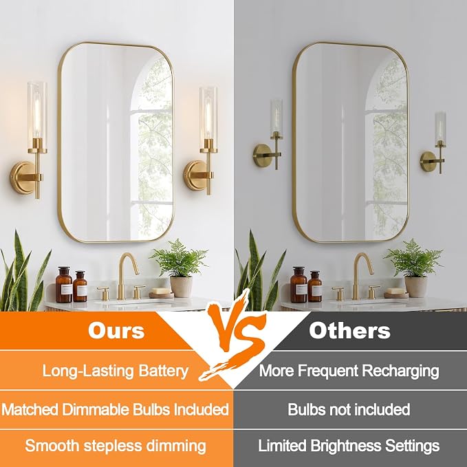 Battery Operated Wall Sconce Set of 2，Brushed Gold Wireless Rechargeable Wall Lighting Fixtures with Remote Control，Dimmable Wall Light for Bathroom ，Vanity, Living Room, Bedroom, Hallway, Stairway