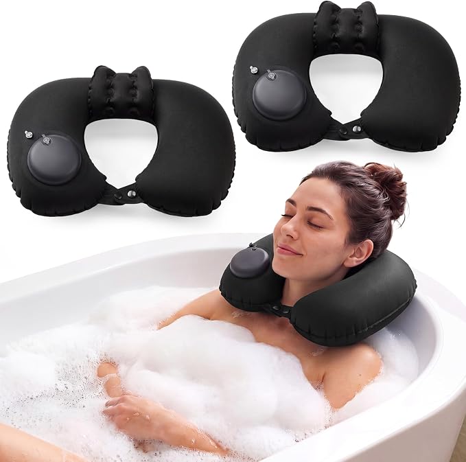Colingmill 2 Pcs Inflatable Bath Pillows for Tub, U-Shaped Neck & Head Support Cushion, Portable Blow Up Travel Neck Pillow with Adjustable Button for Airplanes & Home Spa (Black)