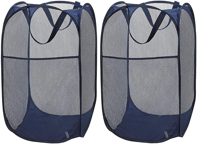 Larpur Popup Mesh Laundry Basket, Collapsible and Portable Clothes Washing Laundry Hamper with Reinforced Carry Handle (Blue*2)