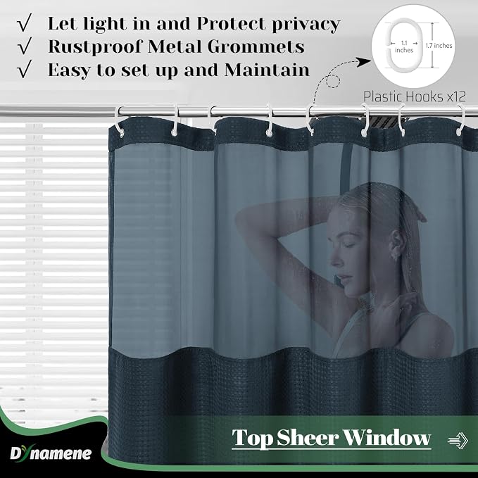 78 Inch Long Shower Curtain, Tall Waffle Fabric Shower Curtains for Bathroom, Hotel Waterproof Cloth Shower Curtain Liner Set with Hooks, Snap in Liner, Mesh Top Window, Navy Blue, 72x78