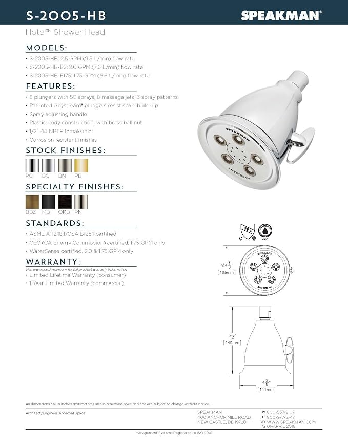 Speakman, Brushed Nickel S-2005-HB-BN Hotel Anystream High Pressure Shower Head-2.5 GPM Adjustable Replacement Bathroom Showerhead