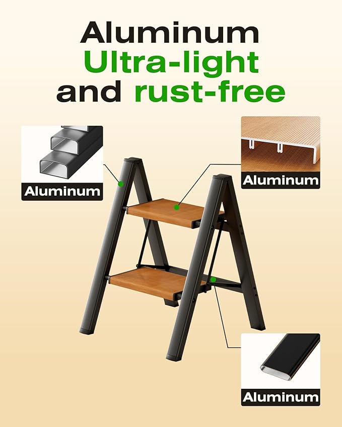 Taranta 2 Step Stool Foldable,Aluminum Step Ladder-BlackWoodgrain | Lightweight,Wide Anti-Slip Pedals,Folding Step Stool,330lbs Capacity for Household,Kitchen,Office