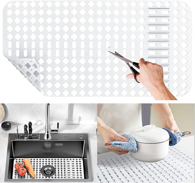 Moryimi Silicone Sink Mat 25"x13", White Silicone Sink Mats and Protectors | Silicone Sink Protector with Cutout Drain Holes for Kitchen Farmhouse Stainless Steel Ceramic Sink