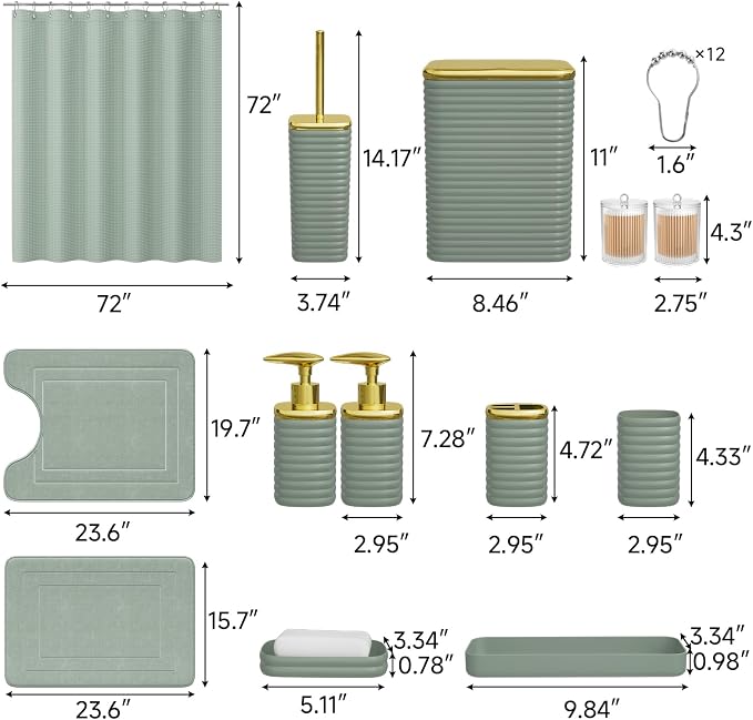 Bathroom Set - 25PC Bathroom Sets with Shower Curtain and Rugs, Sage Green Bathroom Set, Bathroom Accessory Set, Luxury Bathroom Accessories Set, Trash Can, Toilet Brush & Soap Dispenser