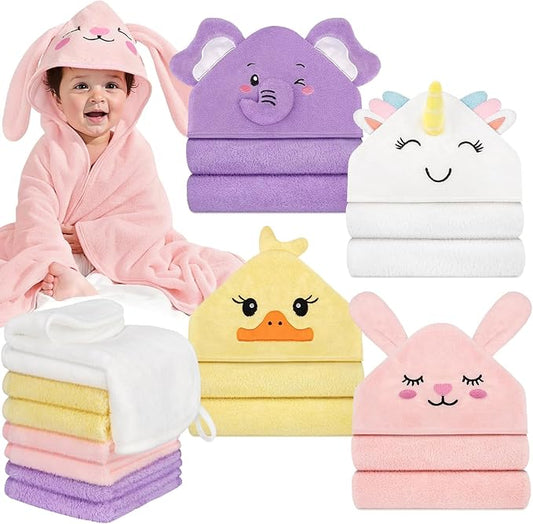 12 PCS Baby Bath Towels Set, Baby Towels for Newborn Bath Essentials Gifts | Animal Hooded, Thick Soft Absorbent, 4 Baby Towels & 8 Washcloths for Girl Boy Toddlers (Elephant, Unicorn, Duck, Rabbit)