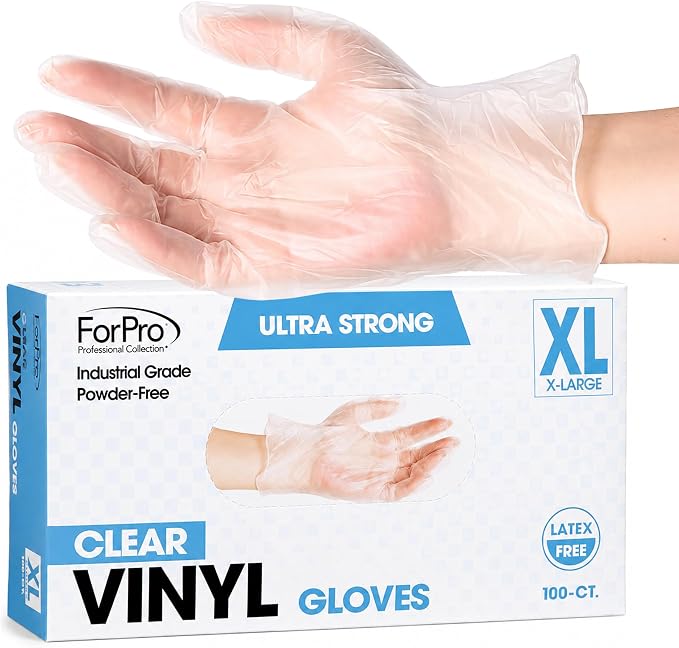 ForPro Disposable Vinyl Gloves, Industrial Grade, Powder & Latex Free, Non-Sterile, Food Safe, 2.75 Mil Palm, 3.9 Mil Fingers