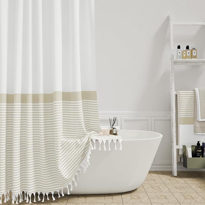78 Inches Long Shower Curtain, Farmhouse Boho Striped Fabric Tassel Shower Curtains for Bathroom, Tall Bohemian Textured Waterproof Cloth Shower Curtain Set with Hooks, Cream, 72x78