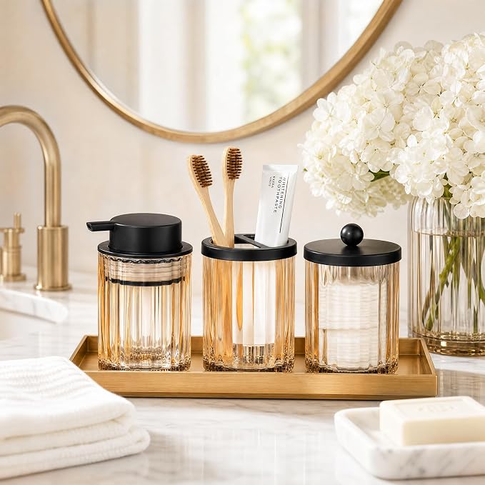 Amolliar Glass Toothbrush Holder Bathroom Tumbler Toothpaste Storage(Amber) | Bathroom Tumbler and Mouthwash Cup with 2 Compartment Organizer Divider, Toothbrush and Toothpaste Organizer for Countertop