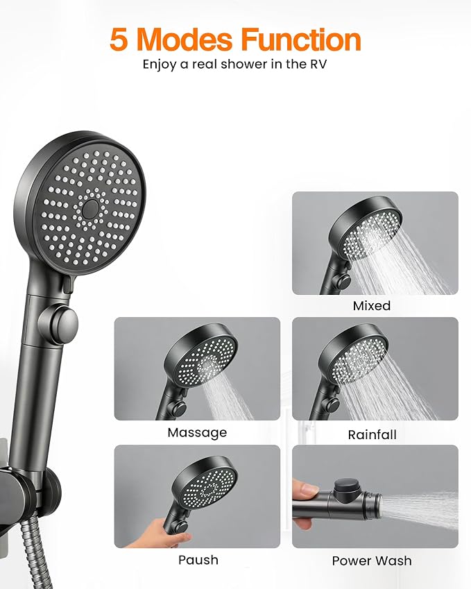 RV Shower Head with Hose, High Pressure Handheld RV Shower Head Replacement with On Off Switch,5 Modes,Power Jet, Camper Shower Head for RV,Travel Trailer,Motorhome,Boat RV Essentials,Gray