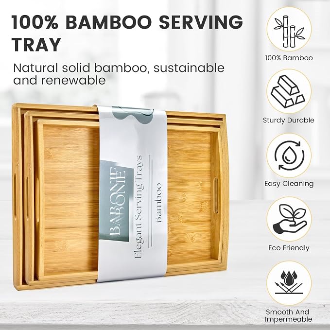Bamboo Serving Tray Set of 3, Bamboo Trays with Handles | Decorative bamboo serving trays for serving, storage,kitchens, living rooms,bathrooms, outdoor scenarios and more