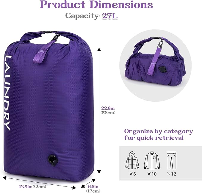 Travel Laundry Bag, Vacuum Compression Dirty Clothes Travel Bag | Waterproof Wet/Dry Space-Saving Laundry Storage Organizer, Smell Proof Storage Bag for Clothing, Swimming, Yoga, Gym, Camping