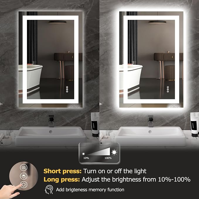 Hivone 24X36 LED Bathroom Mirror with Lights, Anti-Fog, Dimmable, Backlit + Front Lit, Smart Bathroom Vanity Mirror, Memory Function, Shatterproof, Tempered Glass (Horizontal/Vertical)
