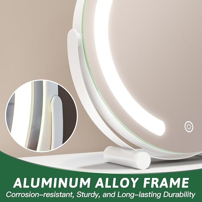 ROLOVE Vanity Mirror with Lights, 12 Inch Light Up Makeup Mirror, LED Makeup Mirror with Lights for Bedroom Tabletop, Smart Touch Control 3 Colors Dimmable, 360° Rotation, White | 3 Color Modes and Touch-Dimmable LED Ring Light, Corded Plug-in Mirror f...