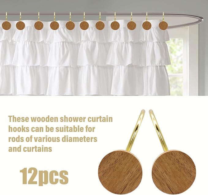 Shower Curtain Hooks, Wood Decorative Shower Curtain Rings, Modern Round Log Shower Curtain Hangers, 12PCS Metal Shower Hooks for Shower Curtain Rod, Bathroom, Bedroom, Living Room (Gold)