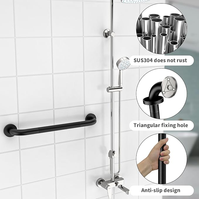 ZUEXT 16 Inch Matte Black Anti Slip Shower Bathroom Grab Bar w/Knurled Grip | Bathroom Balance Support Rail, Assist Handle for Handicap Elderly Seniors, Wall Mounted Stainless Steel Bath Safety Handrail