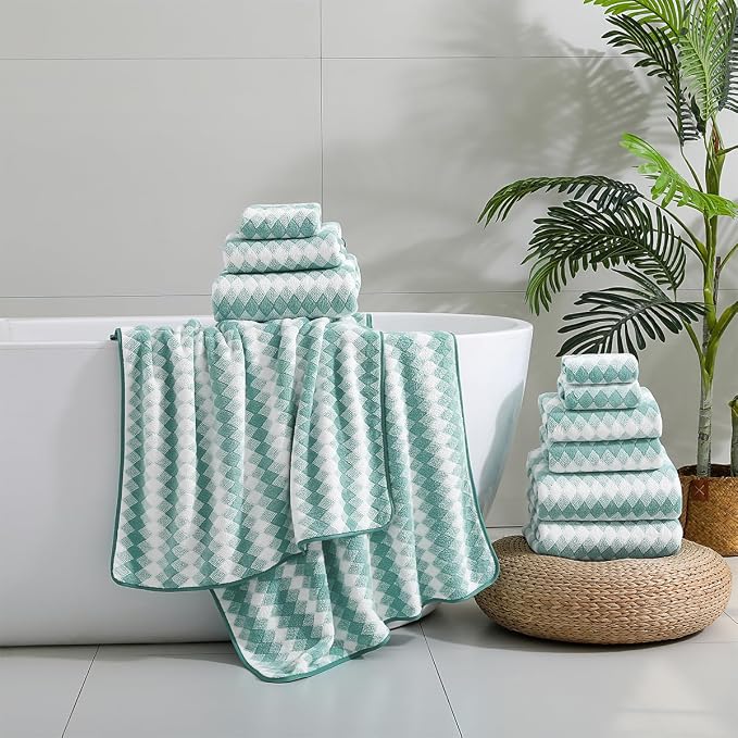 12 Pcs Turquoise Diamond Towel Set-4 Bath Towels,4 Hand Towels,4 Washcloths Soft Polyester Towels with Loop Absorbent Shower Towel Quick Dry Beach Chair Towel Family Towels for Bathroom Spa Gym Pool