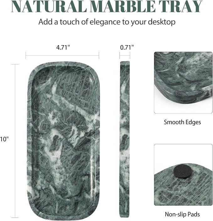 Marble Tray, 10"x5" Marble Vanity Tray for Bathroom Countertop Kitchen Sink, Rectangular Stone Tray for Perfume Fragrance, Decorative Catchall Tray Jewelry Cosmetics Organizer(Green)