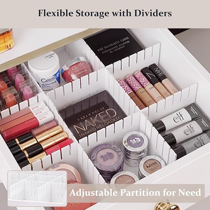 Makeup Organizer Cart, Rolling Floor Skincare Organizer and Storage with 2 Wooden Drawers, Cosmetics Display Cases Holder for Skin Care Perfume Hair Tools Nail Polish（White & Gold）