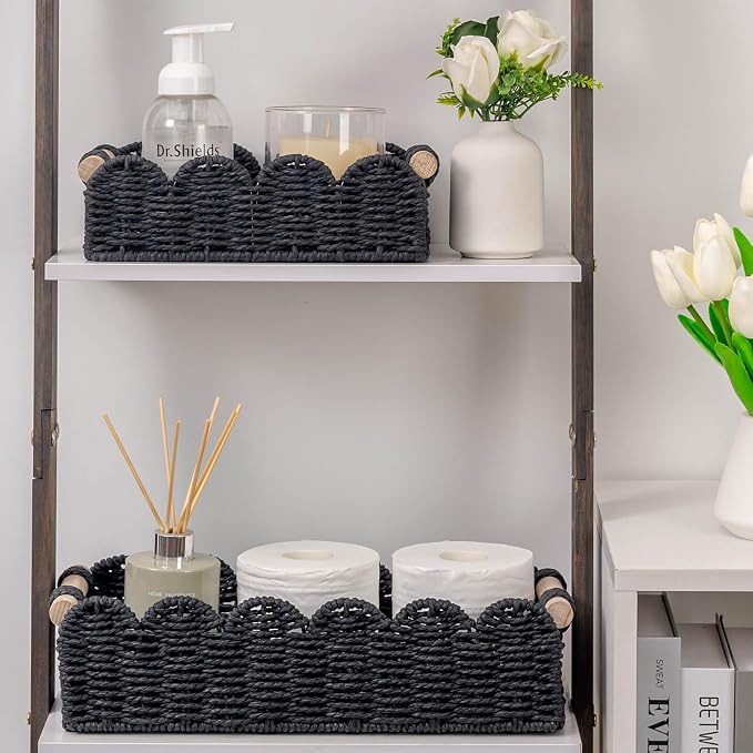 CubesLand Scalloped Toilet Paper Storage Basket W/Handle for Home Decor | Paper Rope Toilet Organizer Basket for Countertop, Over Toilet Shelf, End Table, Living Room Cozy Decorative & More, Black