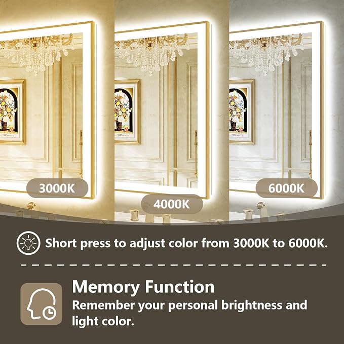 72x32 LED Bathroom Mirror with Lights, Gold Framed Lighted Mirror | Backlit and Front light, Anti-Fog, 3 Color Dimmable, Memory, Tempered Glass, IP54 Waterproof, UL Listed