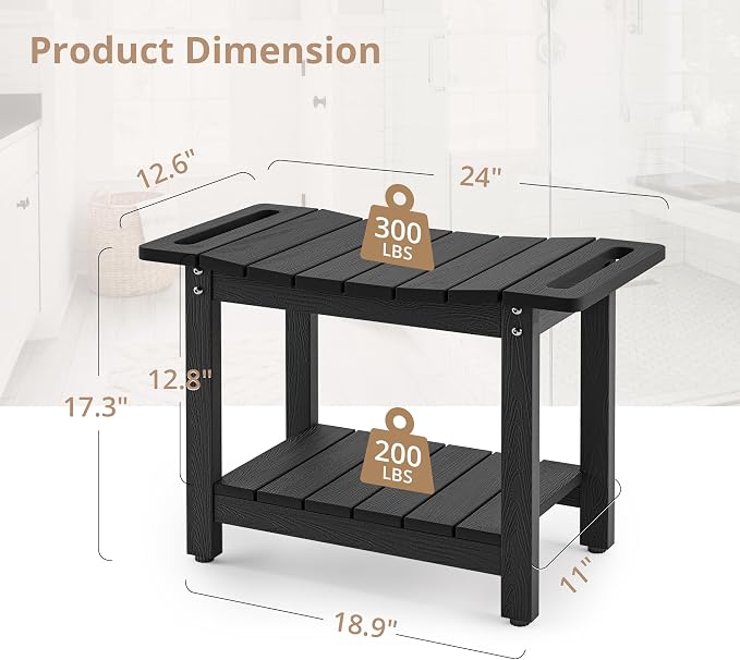LUE BONA HDPS Shower Bench for Inside Shower, Black 23.6" Shower Stool for Shaving Legs with Shelf, Waterproof Shower Chair Seat for Bathroom, Weather Resistant/Non-Slip/Handles/Indoor or Outdoor Use