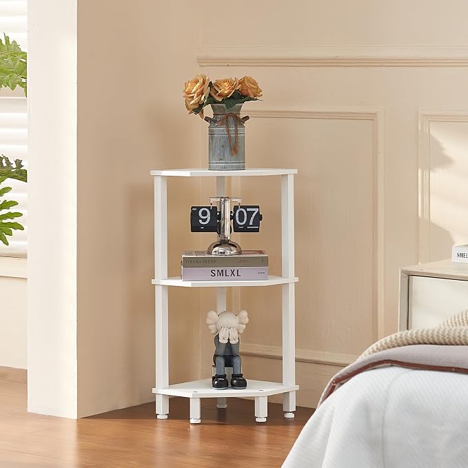 YUFAM 3-Tier Corner Shelf, White | Wooden Small Corner Table with Sturdy 5-Leg Base, Wooden Corner Bookshelf for Adjustable Base