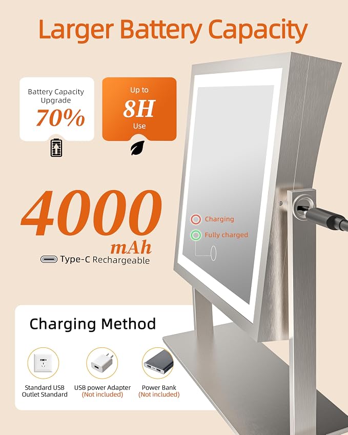 Ruacq Vanity Mirror with Lights, Dual Sided 1X/10X, Brushed Nickel | 8",4000mAh Rechargeable, Magnifying Mirror with 3 Color Lights,Touch Control Dimmable, 360° Rotation, Square, Gift for Women