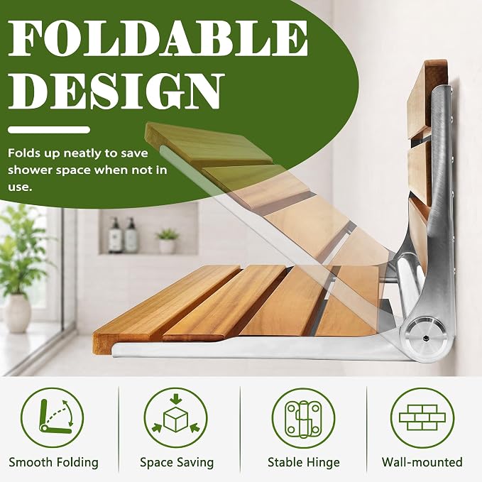 Folding Shower Seat Teak, Folding Shower Seat Wall Mounted, Foldable Shower Chair for Home Care, 450 lbs Capacity (Stainless Steel, 13'' D x 17'' W x 10'' H)