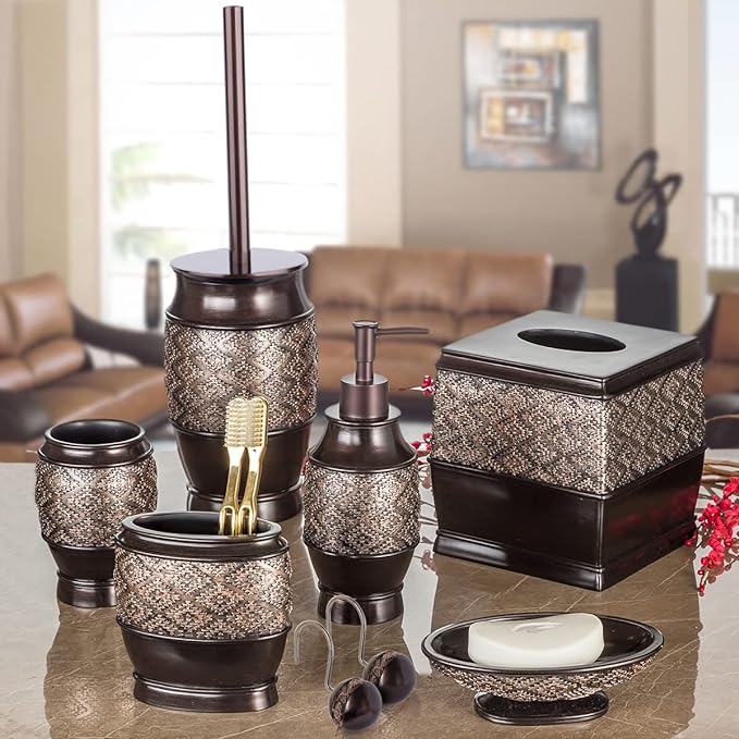Creative Scents Dublin Brown 4 Piece Bathroom Accessory Set | Includes Soap Dispenser, Toothbrush Holder, Tumbler Cup & Soap Dish