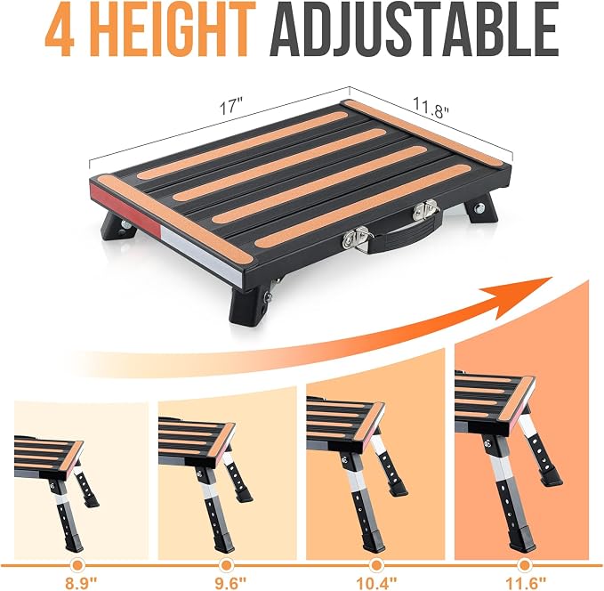 Yagud Safety RV Steps, Non-Slip Folding Adjustable Step Stool | Height Adj. Platform Step 17"x12" Non-Slip, Rubber Feet, Reflect. Strips, T Level, Aluminum RV Stool 1000lbs, Black
