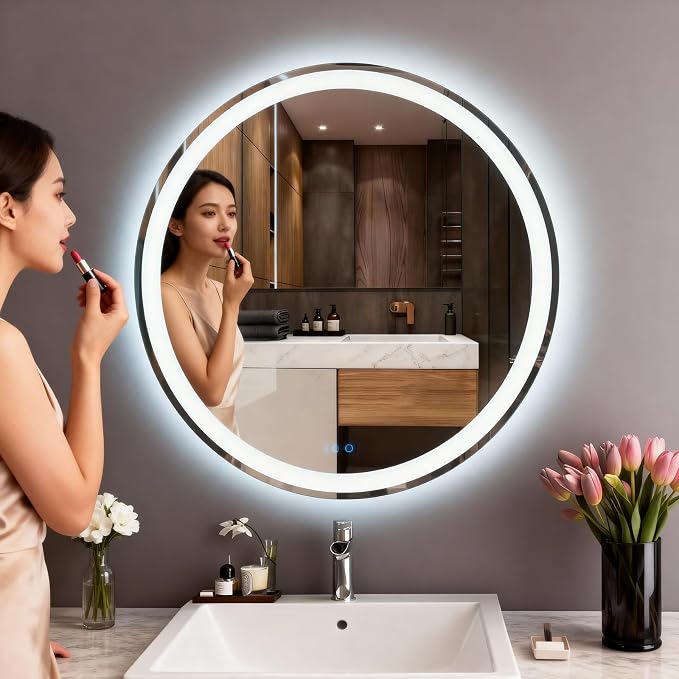 LTFUUAI 20" Round LED Bathroom Mirror with Lights, Front & Back Light | Lighted Bathroom Mirror, Touch 3-Color Stepless Dimming, Wall Mounted, Anti-Fog Shatterproof, UL Listed