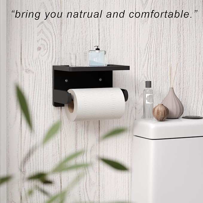 VERTORGAN 2 Pack Bamboo Toilet Paper Holder with Phone Shelf(Black) | Bathroom Tissue Holder,Wall Mounted Rack,Space-Saving Organizer,Phone Shelf Stand,Easy Installation,Toilet Paper Rack