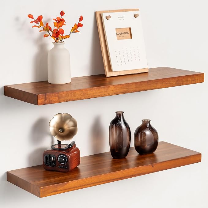 24 Inch Teak Floating Wall Shelves Set of 2 | Weather Resistant, Heavy Duty Hidden Brackets, Natural Wood Grain, Wall Storage For Bathroom, Kitchen, Living Room & Outdoor