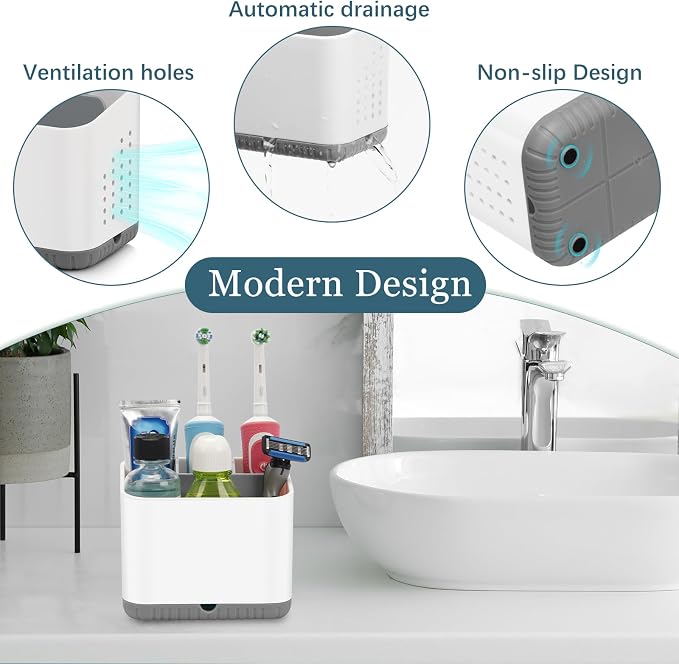 Toothbrush Holders for Bathrooms, Kids Electric Toothbrush Organizer (Grey) | Easy To Clean, Drainage, Removable, Non-Slip, 4 Slots Tooth Brush Holder for Bathroom Countertop Organizer