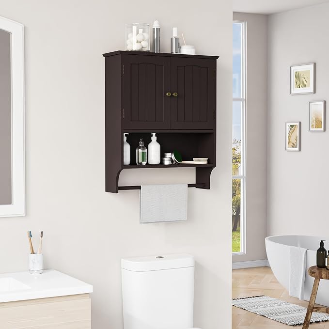 Bathroom Cabinet, Bathroom Wall Cabinet with 2 Doors and Adjustable Shelf, Wooden Medicine Cabinets Wall Mount, Over the Toilet Storage