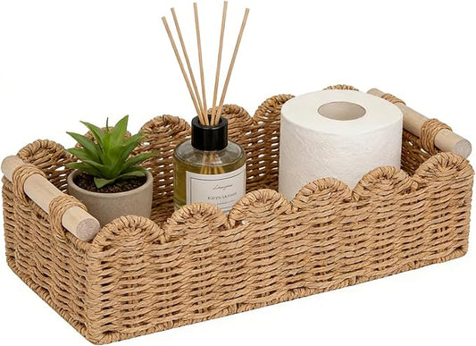 Upgraded Paper Rope Scalloped Edge Toilet Paper Storage Basket, Small Living Room, Bedroom Decor Baskets for Over Toilet Storage Shelf, End Table, Shelves and More, with 2 Wooden Handle (Neutral)