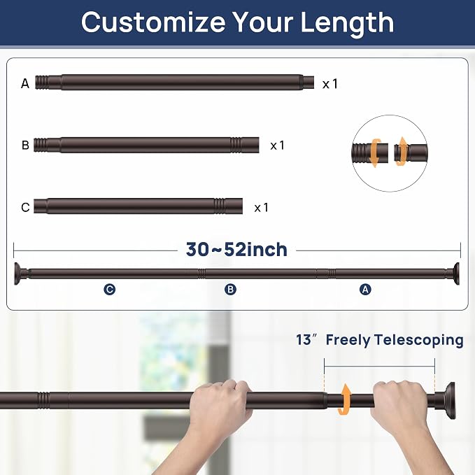 ENJOYBASICS 1" Bronze Shower Curtain Rod, 30-52" Adjustable, Secure Tension | Easy No-Drill Installation, No Tools, No Gaps, Sturdy Rust-Resistant Steel, Sag-Resistant Design, Tubs, RVs, Apartments