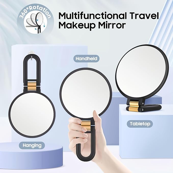 80X Magnification Vanity Mirror, 360° Adjustable Handle, Foldable Double-Sided Mirror, Handheld/Wall-Mounted/Desk-Mounted, Suitable for Makeup, Eyebrow Grooming, Portable Beauty Tool (Black)