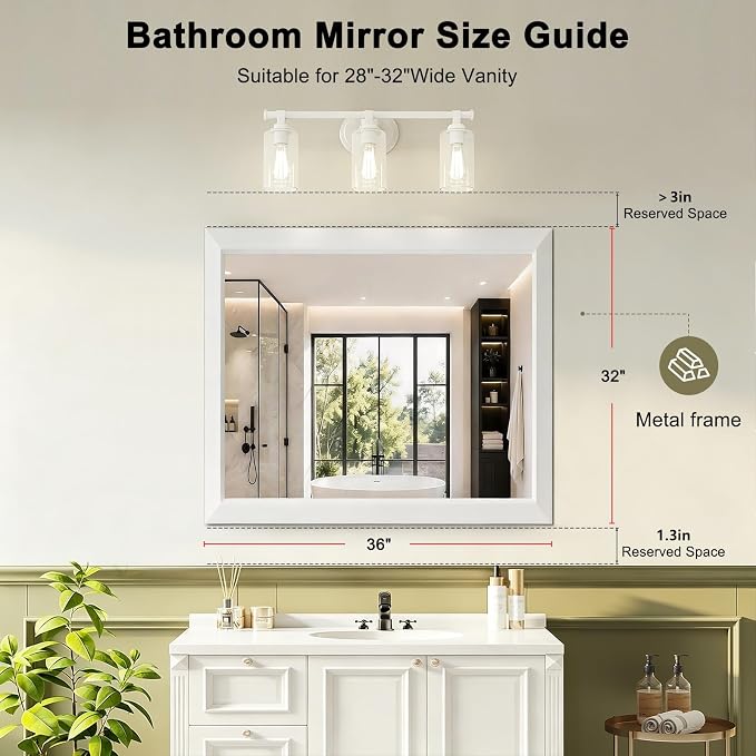 White Bathroom Mirror for Over Sink, 32x36Inch Thick Anti-Rust Metal Frame, Rectangle Decorative Wall Mirror with HD Tempered Glass Horizontal or Vertical Mount for Vanity, Bedroom, Living Room