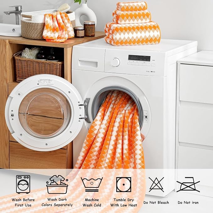 12 Pcs Orange White Diamond Towel Set-4 Bath Towels,4 Hand Towels,4 Washcloths Soft Polyester Towels with Loop Absorbent Shower Towel Quick Dry Beach Chair Towel Family Towels for Bathroom Gym Pool
