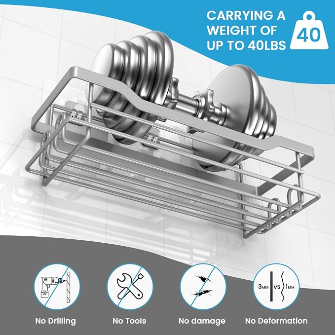 Shower Caddy Shelves Organizer Rack, Single Pack Silver Stainless Steel Shower Caddy,No Drilling Wall Mounted Adhesive Shower Shelf for Inside Shower, Paint Nickel