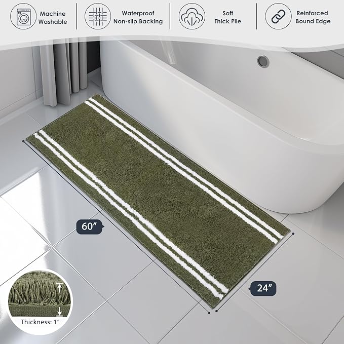 PURRUGS Bathroom Runner Rug, Bath Mat, 24" x 60", Olive Green | Machine Washable, Non-Slip, Waterproof TPR Backing, Super Absorbent, Quick Dry, Bath Rug for Shower, Bathtub, and Sink