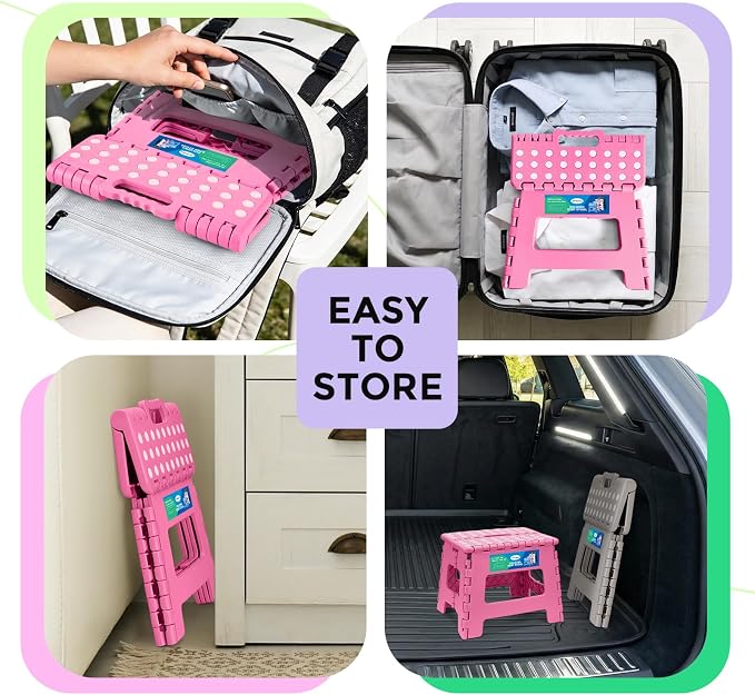 Dyforce Kids Step Stool 9 Inch, 300lbs Folding Step Stool for Toddler | Step stool Pink,Anti-slip Heavy Duty Stool with Handle, Lightweight Foldable Foot Stool for Bathroom Kitchen Bedroom Outdoor